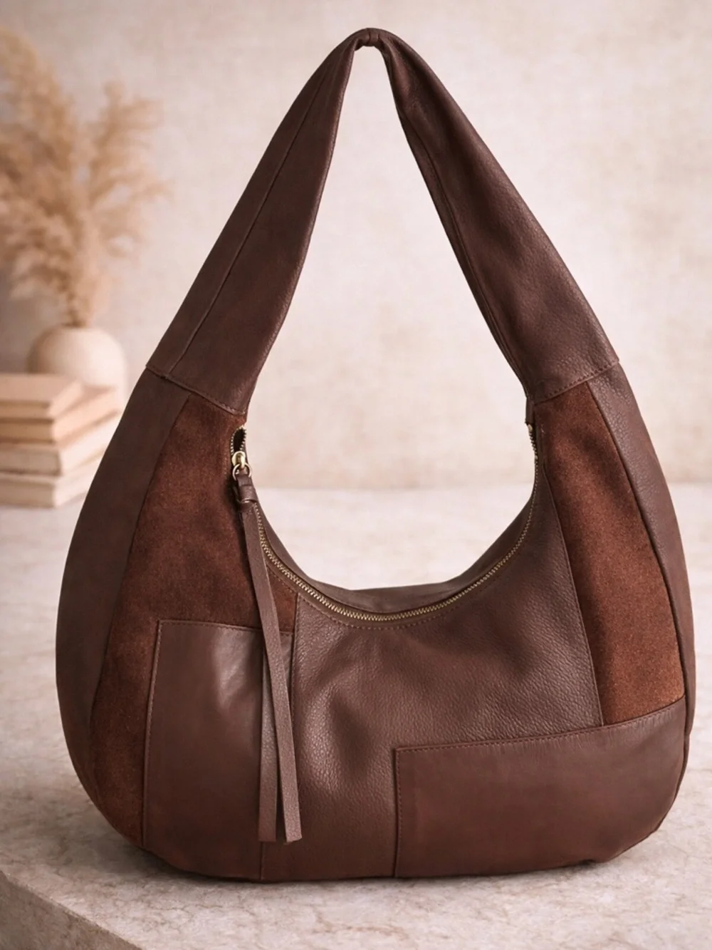 Crown Vintage Brown Leather Suede Hobo Bag Slouchy Boho Shoulder Purse Large